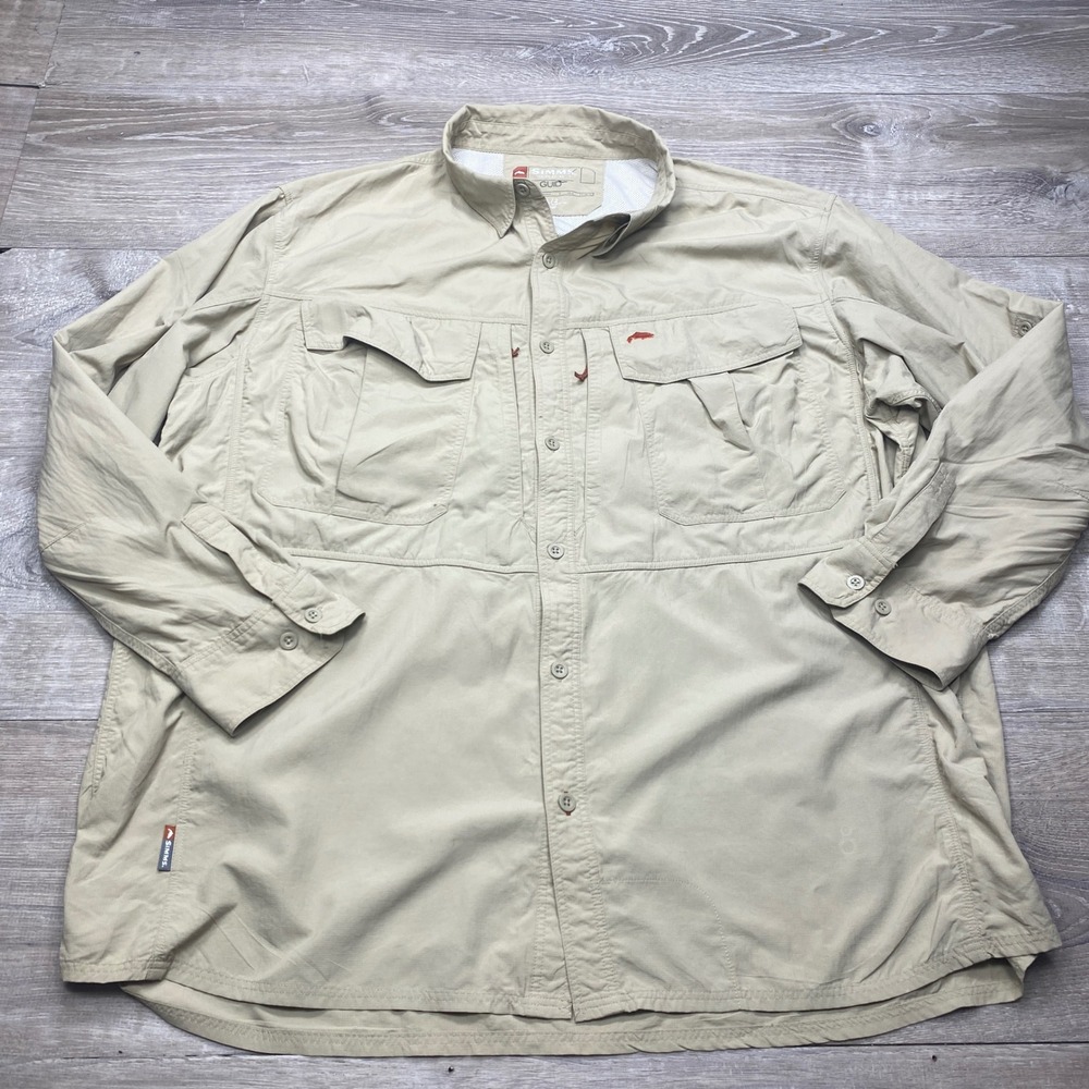Simms Guide‎ Fishing Shirt Mens 2XL Tan Long Sleeve Vented Hiking Outdoors